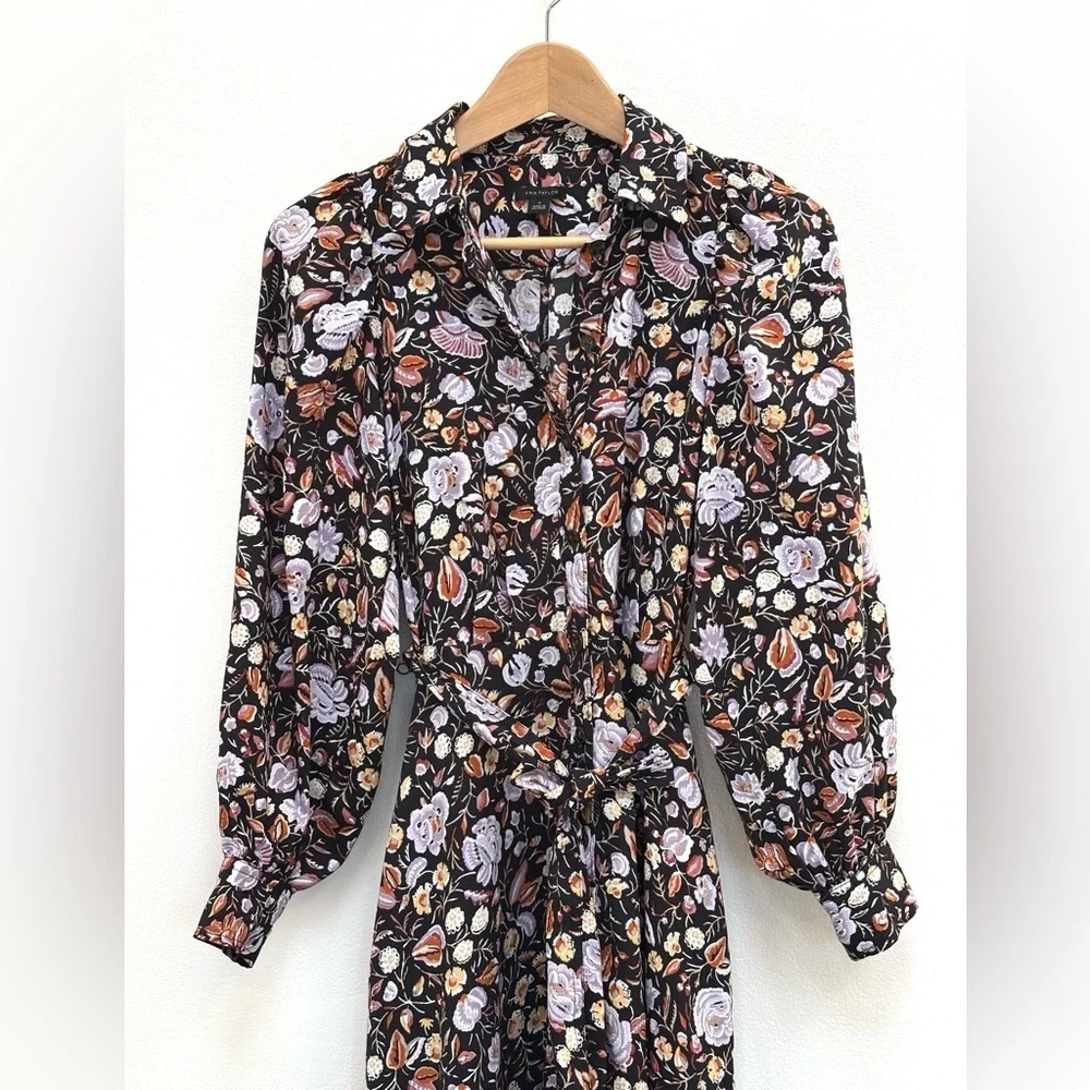 Ann Taylor Dark Floral Shirtdress Size 4 Midi Cottagecore Classic Black Multi